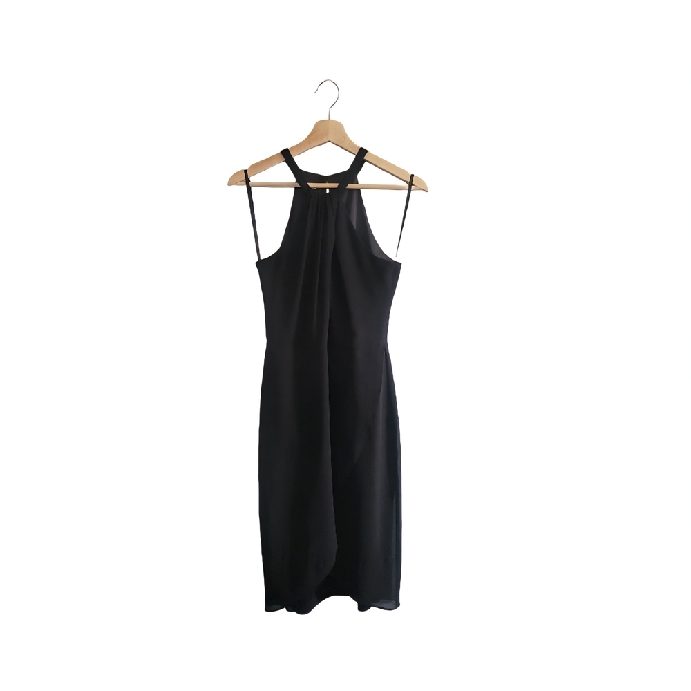 BEBE Black Satin Chiffon Midi Halter Dress Size 4 Wedding Guest